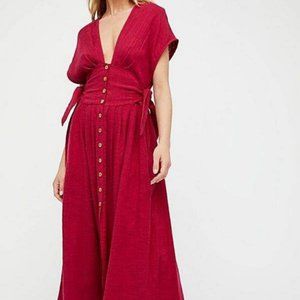 Free People Deep Red Button-Front Midi Dress
